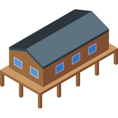 Pixel Art Isometric Building With Brown Walls Blue Windows and Dark Grey Roof on Wooden Stilts Transparent Background