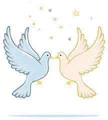 Fototapeta premium Cartoon pastel blue and pink doves with stars, bills touching, symbolizing love, peace, and unity.