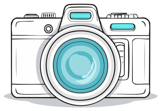 Illustration of a cartoon digital camera with a turquoise lens in a flat design