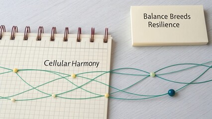 Interconnected Concepts of Cellular Harmony with Balance Breeds Resilience on a Notepad and Colorful Cords