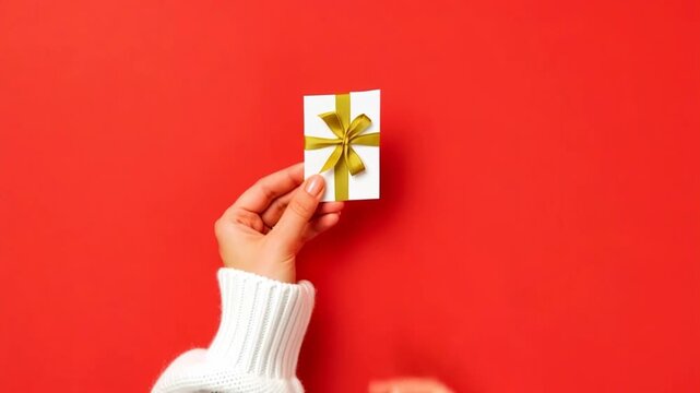 Gift card in women's palms on a red background. Concept of Christmas greetings