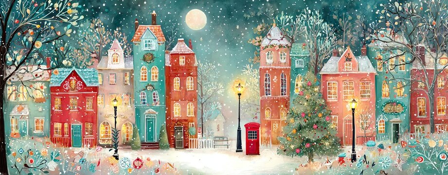 Charming winter scene with colorful homes and snow-covered trees.