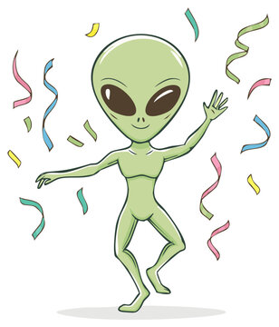 Cartoon alien dancing with colorful confetti illustration