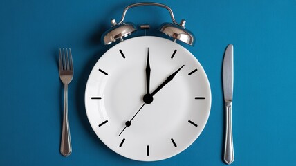 Mealtime alarm clock plate with fork and knife on blue background