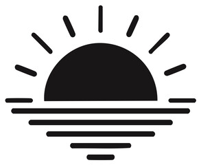 Abstract vector icon of a bold black sun rising or setting above tranquil water, symbolizing morning or evening serenity.