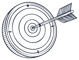 Black and white line drawing of a dart hitting the bullseye on a target board for success