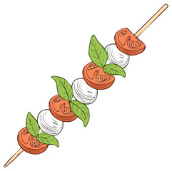 Caprese skewer with tomato, mozzarella, and basil. Italian food illustration.