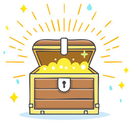 Cartoon treasure chest filled with gold coins and sparkling stars illustration