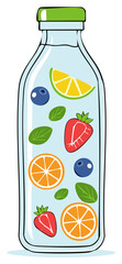 Refreshing fruit infused water in a bottle featuring strawberry, lemon, orange and blueberry pieces with fresh basil leaves