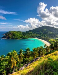 Obraz premium Tropical bay with clear turquoise water, lush hills, & sunny skies