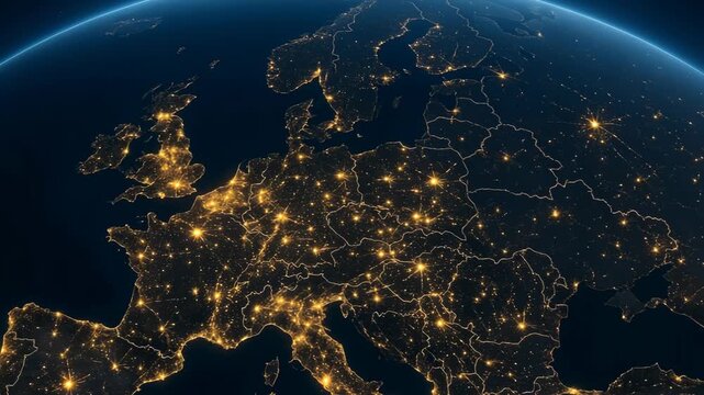 stunning aerial view of Europe illuminated at night from space, concept of global connectivity and technology, mapping and geography, zoom in