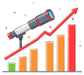 Strategic vision and business growth forecast with telescope observing rising bar chart