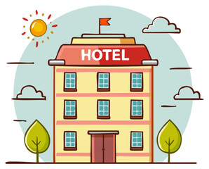 Cartoon hotel building with sun and clouds illustration for travel and accommodation concepts
