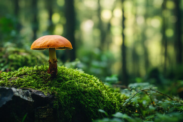 A lone mushroom standing tall amidst a forest of moss