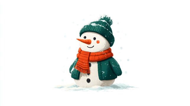 Snowman in a cozy winter scene wearing a green hat and orange scarf, surrounded by gentle falling snowflakes