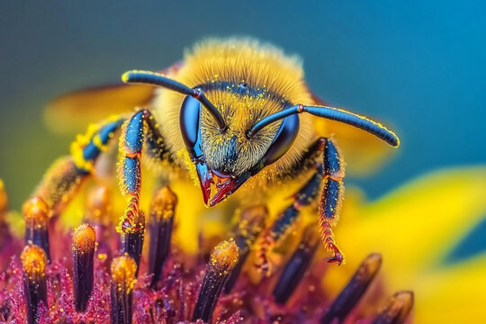 A macro shot of a honeybee collecting pollen from a vibrant sunflower