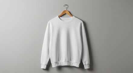 White Crewneck Sweatshirt on Wooden Hanger.