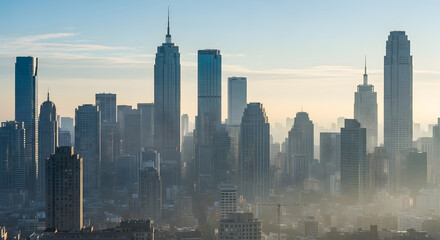 Fototapeta premium Skyline of modern city with skyscrapers and office buildings in the morning