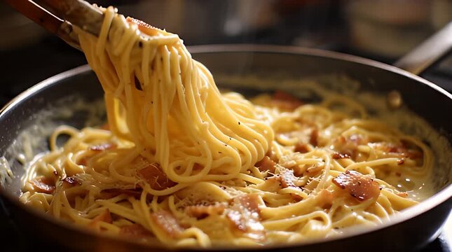 Delicious spaghetti carbonara being served from a pan in a close-up shot