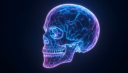 A translucent, glowing skull with a blue and purple gradient is depicted against a dark background, creating a futuristic and ethereal aesthetic