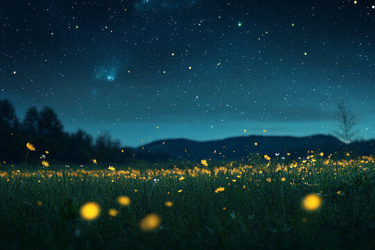 A spring meadow with fireflies glowing under falling stars  