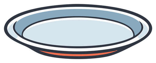 Simple illustration of an empty round ceramic plate with blue rim and orange stripe
