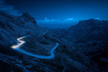 A mountain pass bathed in pale moonlight, with a winding path below  