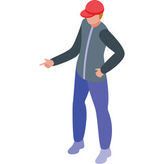 Pixel Art Person Wearing A Red Cap Grey Vest Blue Jeans and Sneakers Pointing To The Side With Transparent Background
