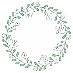 Fototapeta premium Floral wreath illustration with green leaves and delicate flowers