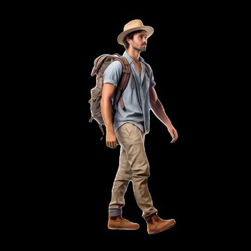 Traveler with backpack walking animation isolated asset, transparent 4K video, alpha channel, ProRes 4444