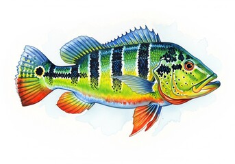 Peacock Bass watercolor, Watercolor style digital painting for graphic design decoration, gifts or print design, animals, fish in water, river, sea, lake life