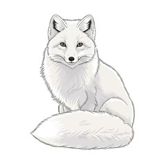 A detailed illustration of a fluffy white arctic fox with a bushy tail, sitting and looking forward.