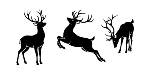 Three Black Deer Silhouettes with Antlers: Vector Set for Christmas, Wildlife, and Hunting Designs