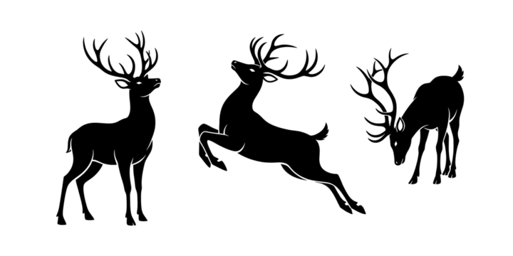 Three Black Deer Silhouettes with Antlers: Vector Set for Christmas, Wildlife, and Hunting Designs
