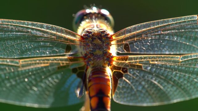 Closeup of Vibrant Dragonfly with Detailed Wing Patterns in Natural Outdoor Setting