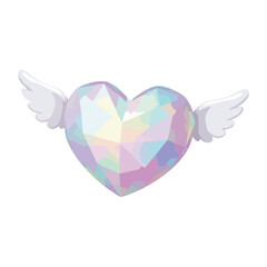 Obraz premium Cute 3D vector icon of a floating crystal heart with holographic glow and tiny wings