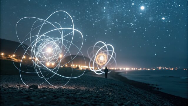 quantum physics concept art A person creates light trails on a beach under a starry night sky, creating an ethereal atmosphere.