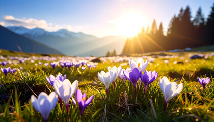 Vibrant crocus flowers bloom in a sunlit mountain meadow with snow capped peaks