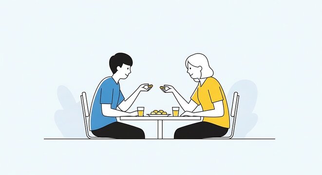 Young man and an older woman having a conversation over a meal.