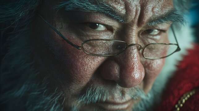 Portrait of an Asian man in a detailed costume, showcasing a strong expression during a festive setting
