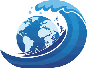 Naklejka premium Illustration of a large wave engulfing the Earth with people running away from it.