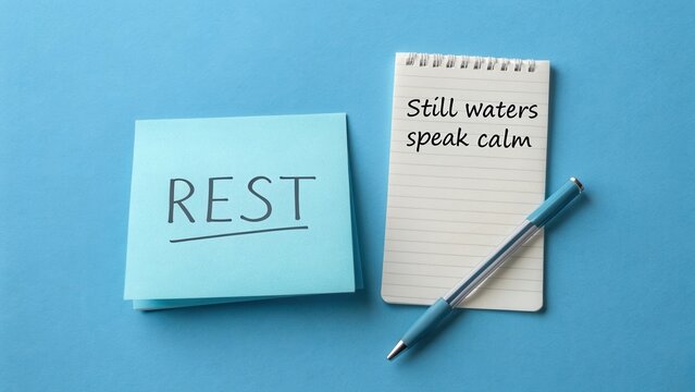 Calm Workspace Setup with Sticky Note and Notebook Promoting Rest and Mindfulness on a Soft Blue Background - Powered by Adobe