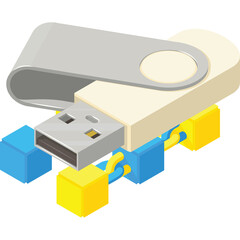 Digital USB Flash Drive Connecting To Yellow And Blue Blocks In Isometric View With Clean Background