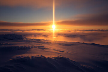 A sun pillar extending through low-hanging clouds in the Arctic