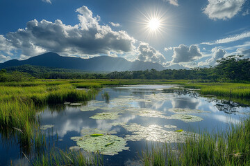 A Sunlit River Delta, Home to a Thriving Oasis of Life A lush wetland teeming with birds and wildlife, where water and land meet