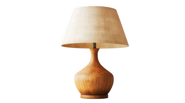 Elegant wooden table lamp with a neutral lampshade against a glow on transparent background