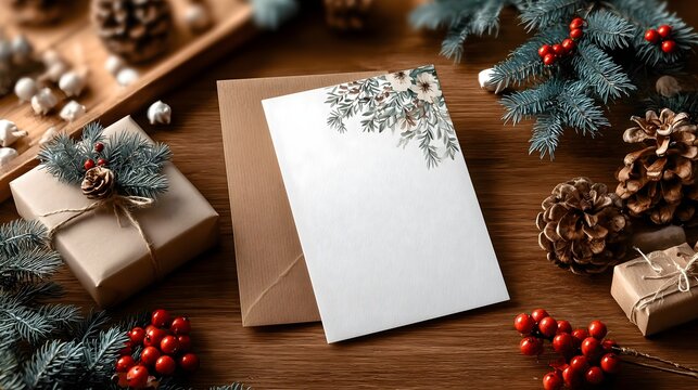 Blank white invitation mockup for seasonal events and celebrations with gift wrapping and festive decorations