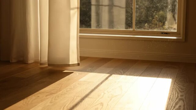 Gentle Morning Breeze Sways a Sheer Curtain as Sunlight Streams Through a Window onto a Warm Wooden Floor.