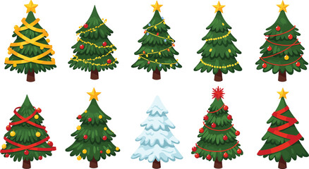  Christmas tree collection, festive decorations, holiday ornaments, winter celebration, seasonal design, vector illustration, garlands, baubles, stars, snow tree, red bow, green pine