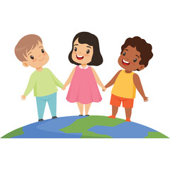 Diverse children holding hands standing on planet earth globe with blue and green colors conveying global unity and friendship a symbol of peace and cooperation in clear bright lighting